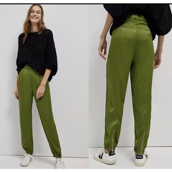Anthropologie Diandra Green Satin Pleated Joggers Size 16. B-3